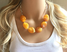 Load image into Gallery viewer, Yellow Statement Necklace & Earrings, yellow jewelry, Your Choice GOLD or SILVER, yellow bib chunky necklace, yellow oval necklace