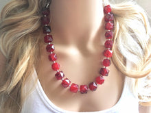 Load image into Gallery viewer, Red & Navy Blue Watercolor Statement Necklace, red single strand chunky jewelry, geometric painted beaded silver necklace