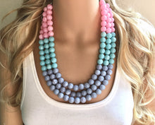 Load image into Gallery viewer, Blush Gray and Mint Statement Necklace, Triple Strand Beaded Jewelry, Chunky multi strand green pink gray jewelry, beaded bib necklace