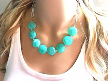 Load image into Gallery viewer, Creamy mint green Statement Necklace & Earrings, mint green jewelry, Your Choice GOLD or SILVER, green bib chunky necklace, green necklace