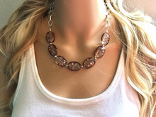 Load image into Gallery viewer, Chocolate Dinosaur Egg Statement Necklace & Earring set, brown jewelry, Your Choice of GOLD or SILVER, brown crackle bib chunky necklace