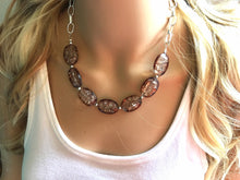 Load image into Gallery viewer, Chocolate Dinosaur Egg Statement Necklace & Earring set, brown jewelry, Your Choice of GOLD or SILVER, brown crackle bib chunky necklace
