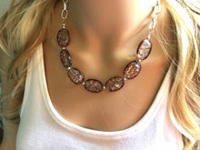 Load image into Gallery viewer, Chocolate Dinosaur Egg Statement Necklace & Earring set, brown jewelry, Your Choice of GOLD or SILVER, brown crackle bib chunky necklace
