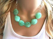 Load image into Gallery viewer, Creamy mint green Statement Necklace & Earrings, mint green jewelry, Your Choice GOLD or SILVER, green bib chunky necklace, green necklace