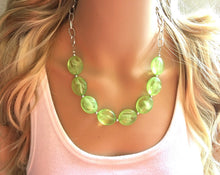Load image into Gallery viewer, Lime Green Statement Necklace & Earring set, lime jewelry, Your Choice of GOLD or SILVER, lime bib chunky necklace, lime green jewelry