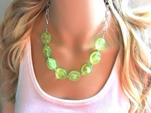Load image into Gallery viewer, Lime Green Statement Necklace & Earring set, lime jewelry, Your Choice of GOLD or SILVER, lime bib chunky necklace, lime green jewelry