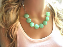 Load image into Gallery viewer, Creamy mint green Statement Necklace & Earrings, mint green jewelry, Your Choice GOLD or SILVER, green bib chunky necklace, green necklace