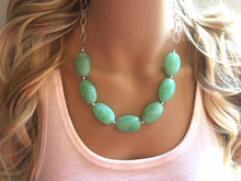 Load image into Gallery viewer, Creamy mint green Statement Necklace & Earrings, mint green jewelry, Your Choice GOLD or SILVER, green bib chunky necklace, green necklace