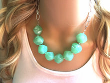 Load image into Gallery viewer, Creamy mint green Statement Necklace & Earrings, mint green jewelry, Your Choice GOLD or SILVER, green bib chunky necklace, green necklace
