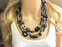 Load image into Gallery viewer, Gray & Black Extra Chunky Statement Necklace, gray and black beaded jewelry, Multi Strand Bib Necklace, Beaded necklace, black necklace