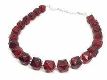 Load image into Gallery viewer, Red & Navy Blue Watercolor Statement Necklace, red single strand chunky jewelry, geometric painted beaded silver necklace