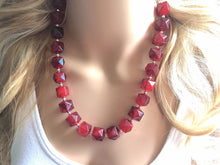 Load image into Gallery viewer, Red & Navy Blue Watercolor Statement Necklace, red single strand chunky jewelry, geometric painted beaded silver necklace
