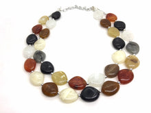 Load image into Gallery viewer, Neutral Statement Necklace, chunky beaded jewelry, chunky black tan white gray necklace, color block beaded necklace, beaded jewelry tan
