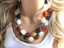 Load image into Gallery viewer, Neutral Statement Necklace, chunky beaded jewelry, chunky black tan white gray necklace, color block beaded necklace, beaded jewelry tan