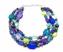 Load image into Gallery viewer, Jewel Tone Peacock Chunky Statement Necklace, Triple Strand Beaded Jewelry, Purple Blue Green jewelry, bridesmaid wedding bib