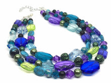 Load image into Gallery viewer, Mermaid Jewel Tone Chunky Statement Necklace, Triple Strand Beaded Jewelry, Purple Blue Green jewelry, bridesmaid wedding bib