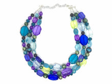 Load image into Gallery viewer, Mermaid Jewel Tone Chunky Statement Necklace, Triple Strand Beaded Jewelry, Purple Blue Green jewelry, bridesmaid wedding bib