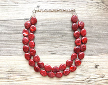 Load image into Gallery viewer, Red Statement jewelry set, Chunky Beaded Necklace, red Jewelry, red Necklace, red beaded necklace, red earrings, red bracelet, dress