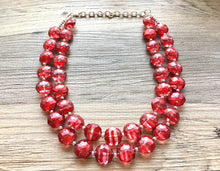 Load image into Gallery viewer, Cherry Red Necklace, Double strand bright red jewelry, big beaded chunky statement necklace, metallic red & resin octagon beads