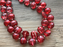 Load image into Gallery viewer, Cherry Red Necklace, Double strand bright red jewelry, big beaded chunky statement necklace, metallic red & resin octagon beads