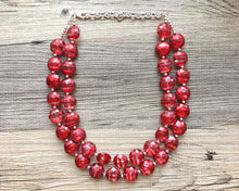 Load image into Gallery viewer, Cherry Red Necklace, Double strand bright red jewelry, big beaded chunky statement necklace, metallic red & resin octagon beads