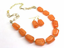 Load image into Gallery viewer, Bright Orange Statement Necklace & Earring set, orange jewelry, Your Choice of GOLD or SILVER, orange bib chunky necklace, Florida jewelry