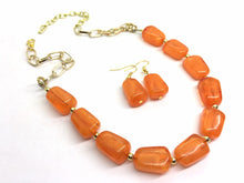 Load image into Gallery viewer, Orange Statement Necklace & Earring set, orange jewelry, Your Choice of GOLD or SILVER, orange bib chunky necklace, orange oval jewelry