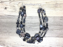 Load image into Gallery viewer, Gray & Black Extra Chunky Statement Necklace, gray and black beaded jewelry, Multi Strand Bib Necklace, Beaded necklace, black necklace