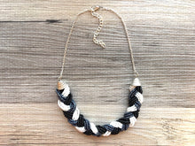 Load image into Gallery viewer, Black Metallic Gray White Braided Statement Necklace - Seed Bead Jewelry, chunky bib silver necklace, black necklace, beaded necklace