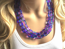 Load image into Gallery viewer, Blue Purple Chunky Statement Necklace and earrings Set, Beaded purple Jewelry, chunky purple bib necklace, purple earrings blue earrings