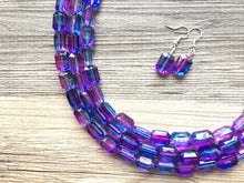Load image into Gallery viewer, Blue Purple Chunky Statement Necklace and earrings Set, Beaded purple Jewelry, chunky purple bib necklace, purple earrings blue earrings