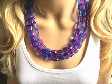 Load image into Gallery viewer, Blue Purple Chunky Statement Necklace and earrings Set, Beaded purple Jewelry, chunky purple bib necklace, purple earrings blue earrings