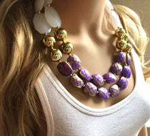 Load image into Gallery viewer, Purple Gold White Statement Necklace, Chunky Two Strand Jewelry, purple necklace, gold necklace, COLOR BLOCK, bib necklace, white gold