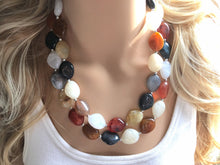 Load image into Gallery viewer, Neutral Statement Necklace, chunky beaded jewelry, chunky black tan white gray necklace, color block beaded necklace, beaded jewelry tan