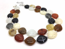 Load image into Gallery viewer, Neutral Statement Necklace, chunky beaded jewelry, chunky black tan white gray necklace, color block beaded necklace, beaded jewelry tan