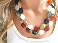 Load image into Gallery viewer, Neutral Statement Necklace, chunky beaded jewelry, chunky black tan white gray necklace, color block beaded necklace, beaded jewelry tan