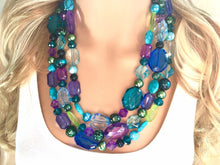 Load image into Gallery viewer, Mermaid Jewel Tone Chunky Statement Necklace, Triple Strand Beaded Jewelry, Purple Blue Green jewelry, bridesmaid wedding bib