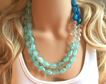 Load image into Gallery viewer, Mint Green & Blue Statement Necklace, Chunky Jewelry Big Beaded double Strand Necklace, light green Necklace, mint Jewelry Set, mint Beaded