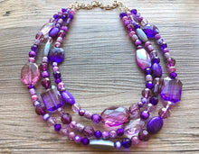 Load image into Gallery viewer, Purple Chunky Statement Necklace & Stretch Bracelet set, Triple Strand Beaded Jewelry, lilac lavendar eggplant jewelry, purple bridesmaid