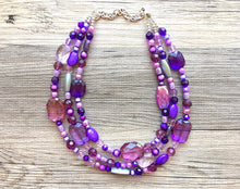 Load image into Gallery viewer, Purple Chunky Statement Necklace & Stretch Bracelet set, Triple Strand Beaded Jewelry, lilac lavendar eggplant jewelry, purple bridesmaid