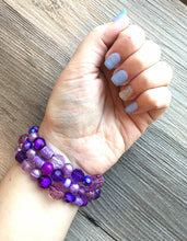 Load image into Gallery viewer, Purple Chunky Statement Necklace & Stretch Bracelet set, Triple Strand Beaded Jewelry, lilac lavendar eggplant jewelry, purple bridesmaid