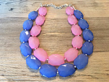 Load image into Gallery viewer, Blue & Pink Necklace, multi strand jewelry, big beaded chunky statement necklace, blue necklace, bridesmaid necklace, gender reveal party