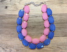 Load image into Gallery viewer, Blue & Pink Necklace, multi strand jewelry, big beaded chunky statement necklace, blue necklace, bridesmaid necklace, bib necklace, pink
