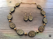 Load image into Gallery viewer, Single Strand black & Gold Statement Necklace, Bib necklace, everyday necklace, beaded necklace, bridesmaid necklace, gold necklace