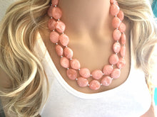Load image into Gallery viewer, Peach Chunky Statement jewelry set, Big bib beaded jewelry, Double Strand Statement Necklace earrings, peach bridesmaid wedding, Magnolia