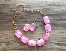 Load image into Gallery viewer, Creamy cotton candy pink Statement Necklace & Earrings, pink jewelry, Your Choice GOLD or SILVER, pink bib chunky necklace