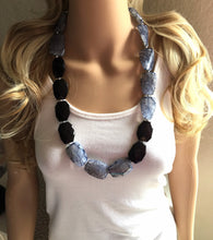 Load image into Gallery viewer, Black & Blue long Necklace, single strand jewelry, big beaded chunky statement necklace, blue necklace, bridesmaid layering necklace