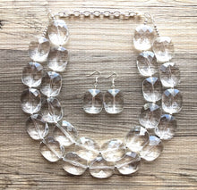 Load image into Gallery viewer, Clear Crystal Statement Necklace - Faceted Oval Beaded Everyday neutral jewelry - silver accents chunky bib necklace