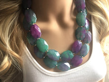 Load image into Gallery viewer, Green & Pink Chunky Statement Necklace, Big beaded jewelry, Double Strand Statement Necklace, pink green jewelry set earrings