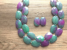 Load image into Gallery viewer, Green & Pink Chunky Statement Necklace, Big beaded jewelry, Double Strand Statement Necklace, pink green jewelry set earrings